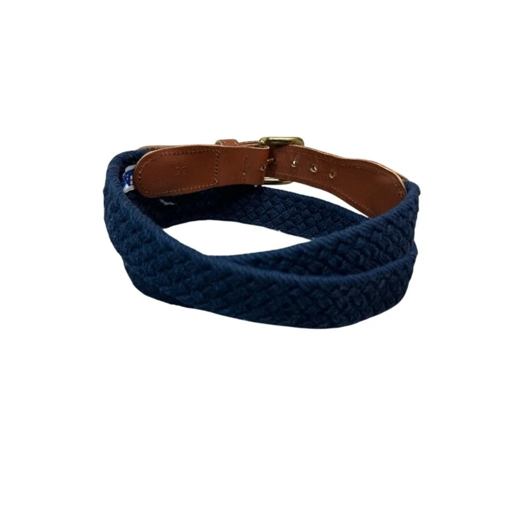 Preston New England Mens 36 Woven Surcingle Belt Navy Blue Brown Leather USA